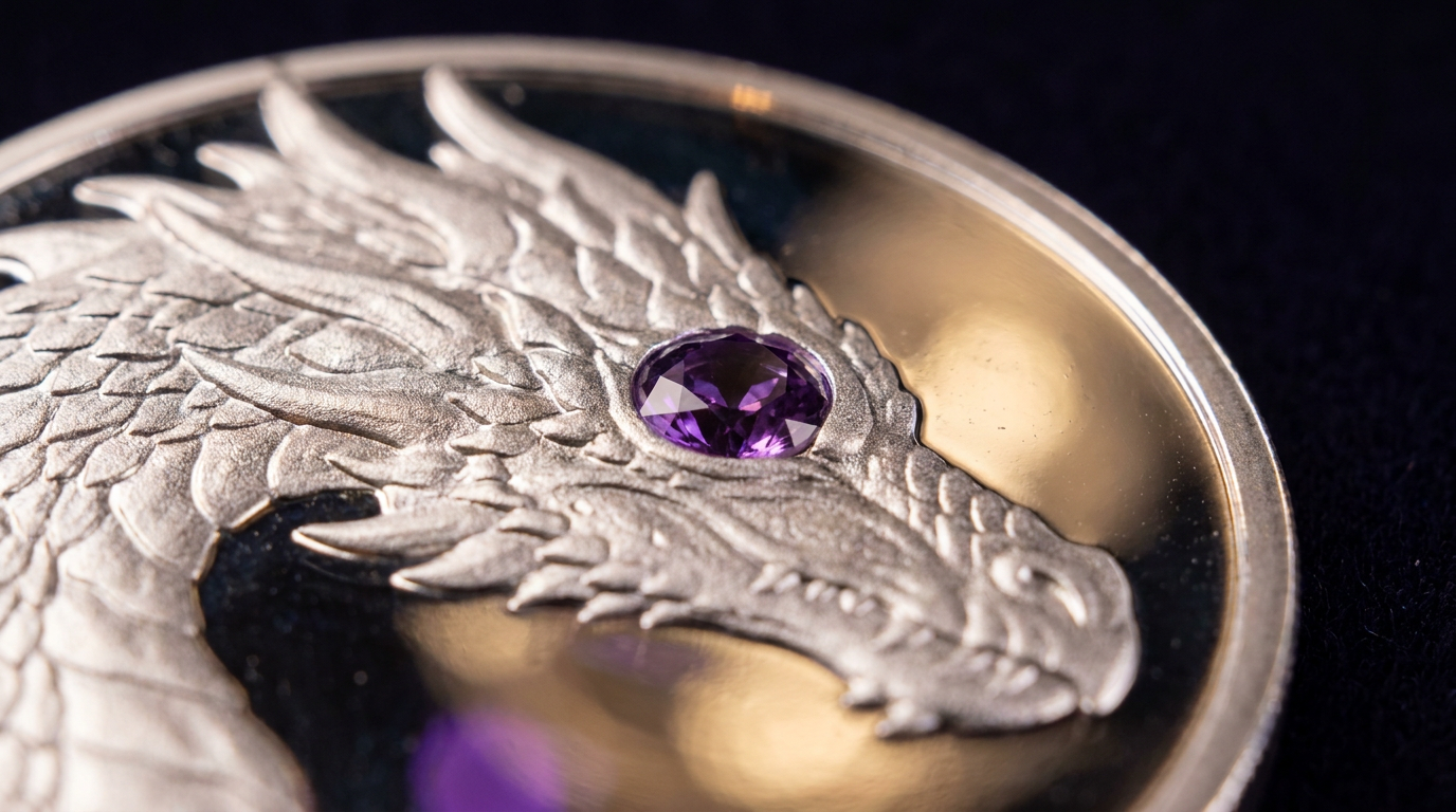 Makrodetail einer Münze in Polierter-Platte-Qualität mit gefasstem Amethyst und mattiertem Drachenrelief