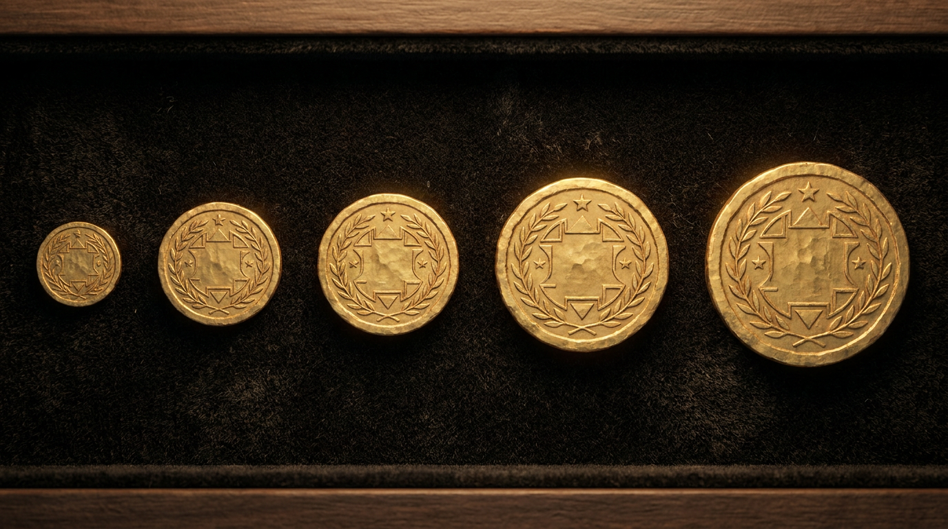 Fünf gestaffelte Goldmünzen eines Fractional Sets von klein nach groß in einer Reihe
