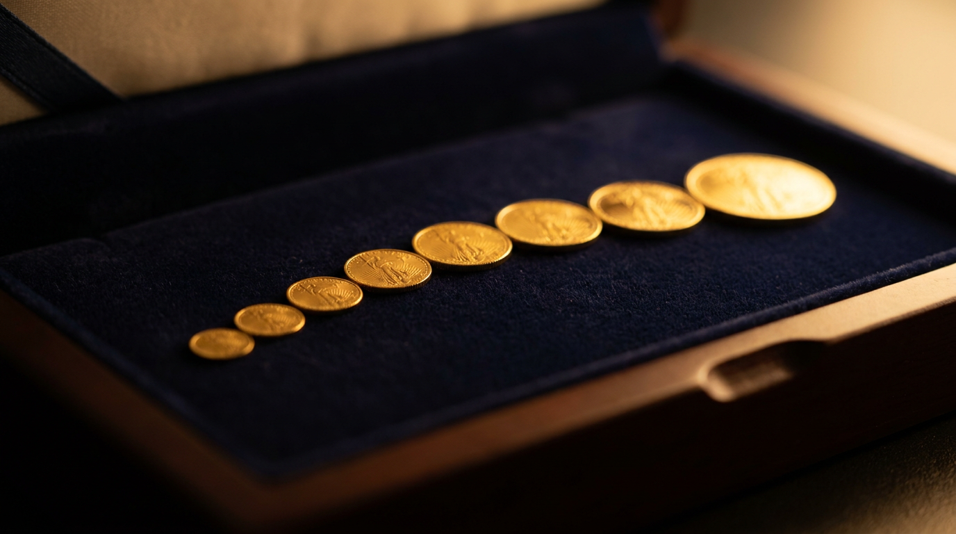 Gestaffelte Goldmünzen in einem dunklen Präsentationsetui mit warmem Licht