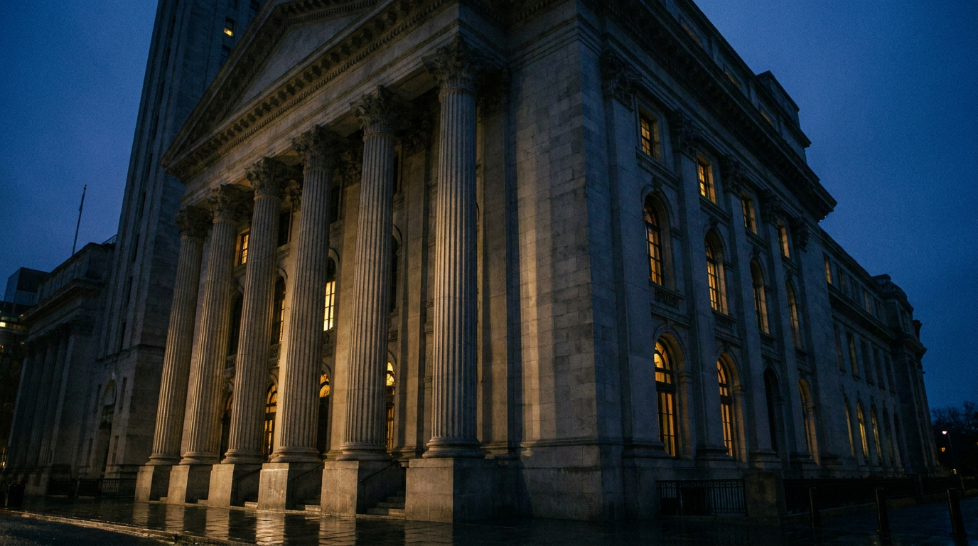 Fassade einer Notenbank in der Abenddämmerung als Symbol für die anstehende Zinsentscheidung