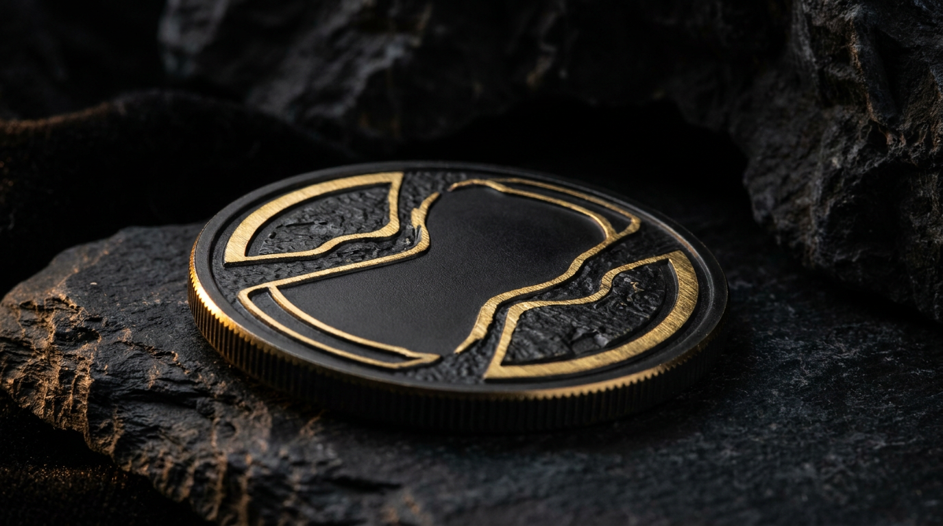 Schwarz mit Ruthenium beschichtete Silbermünze mit goldenen Akzenten vor dunklem Hintergrund