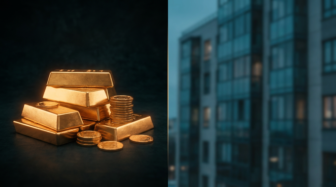Gegenüberstellung von Goldbarren und einer Wohnimmobilie als Sachwert-Wertspeicher