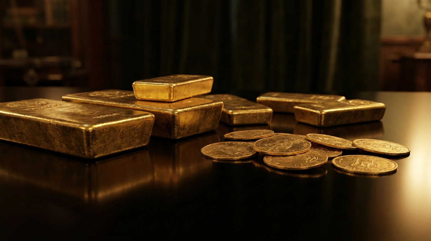 Goldbarren und Goldmünzen auf dunklem Untergrund als teilbarer und liquider Sachwert