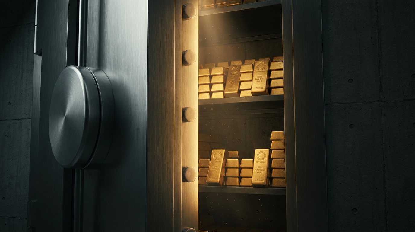 Geoeffnete Tresortuer mit ordentlich in Regalen gelagerten Goldbarren im Inneren