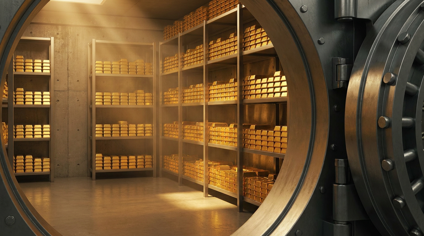 Hochsicherheitstresor mit ordentlich gestapelten Goldbarren in warmem Licht