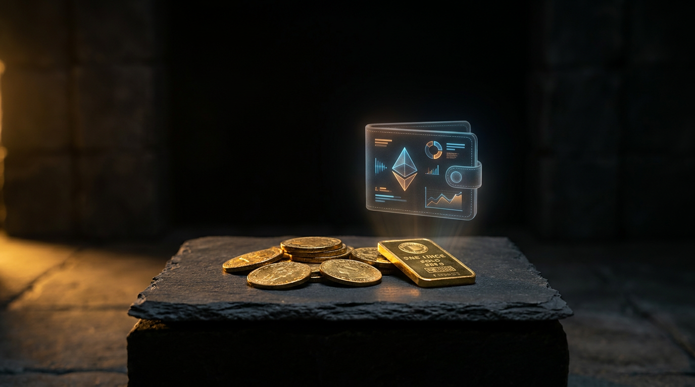 Physische Goldmünzen und ein Goldbarren neben einer schwebenden digitalen Wallet-Oberfläche