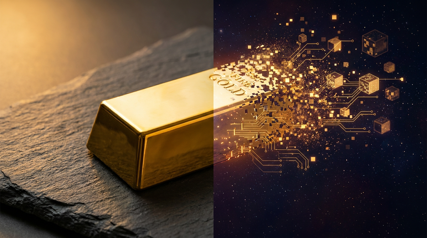 Ein physischer Goldbarren löst sich rechts in digitale Partikel und Blockchain-Linien auf, dunkles cinematisches Mood-Lighting