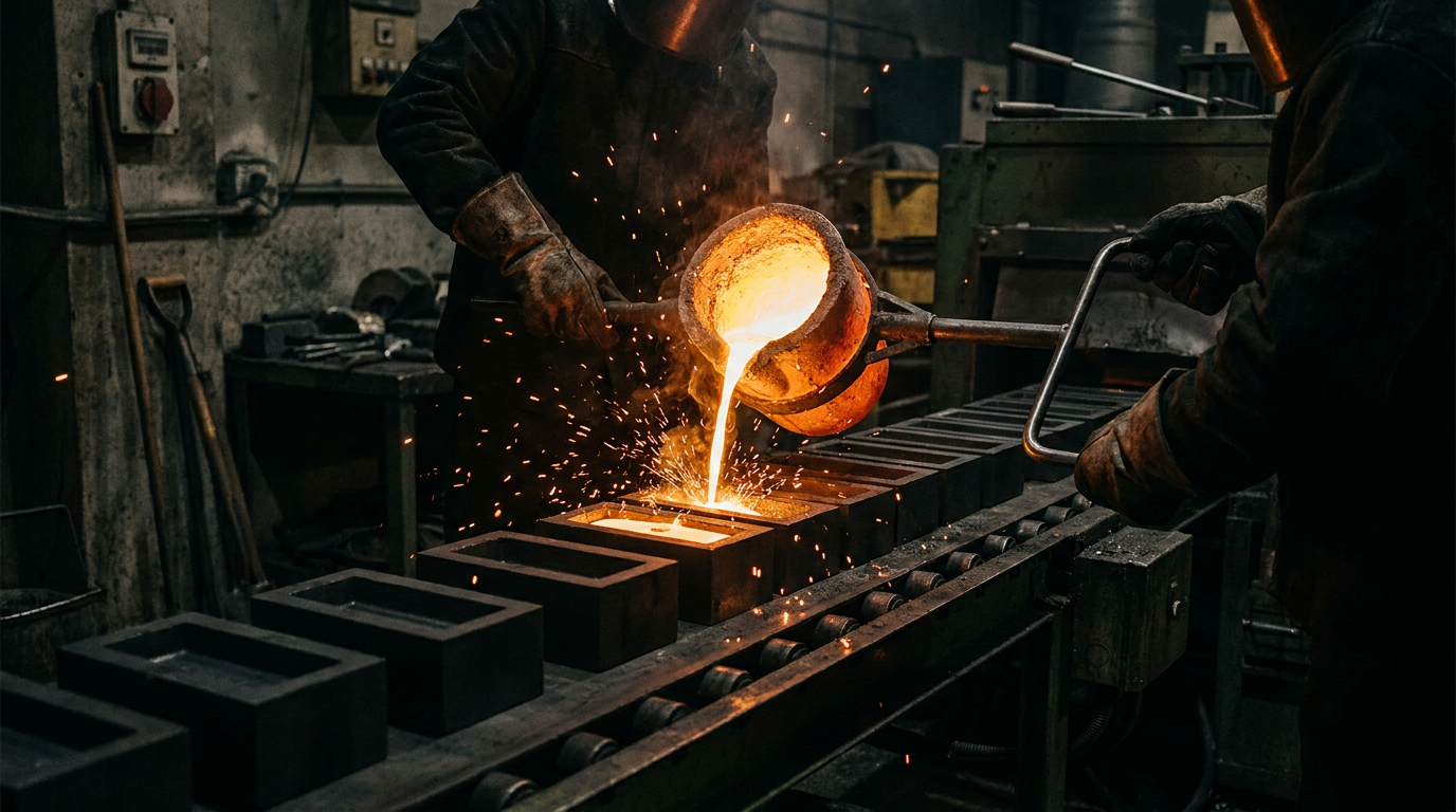 Flüssiges Gold wird in einer Raffinerie in kleinere Barrenformate gegossen
