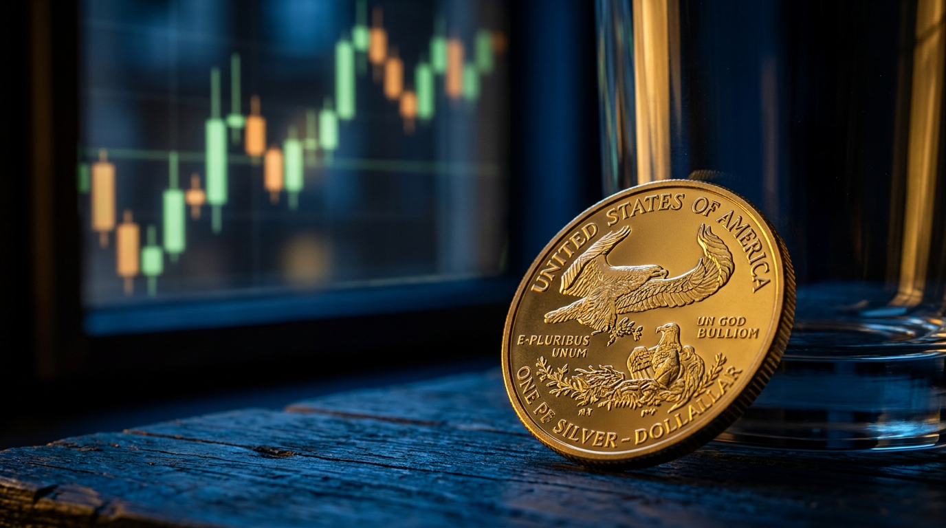 Goldmünze vor einem angedeuteten Börsenchart als Sinnbild für die Einordnung von Sachwerten gegenüber Aktien