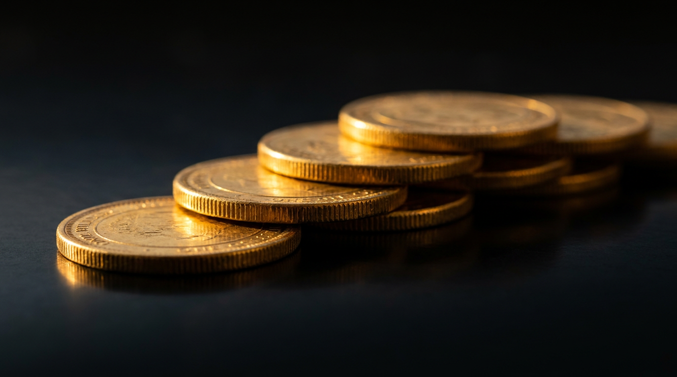 Aufsteigend angeordnete Goldmünzen als Sinnbild für die historischen Hoch- und Tiefpunkte der Dow-Gold-Ratio