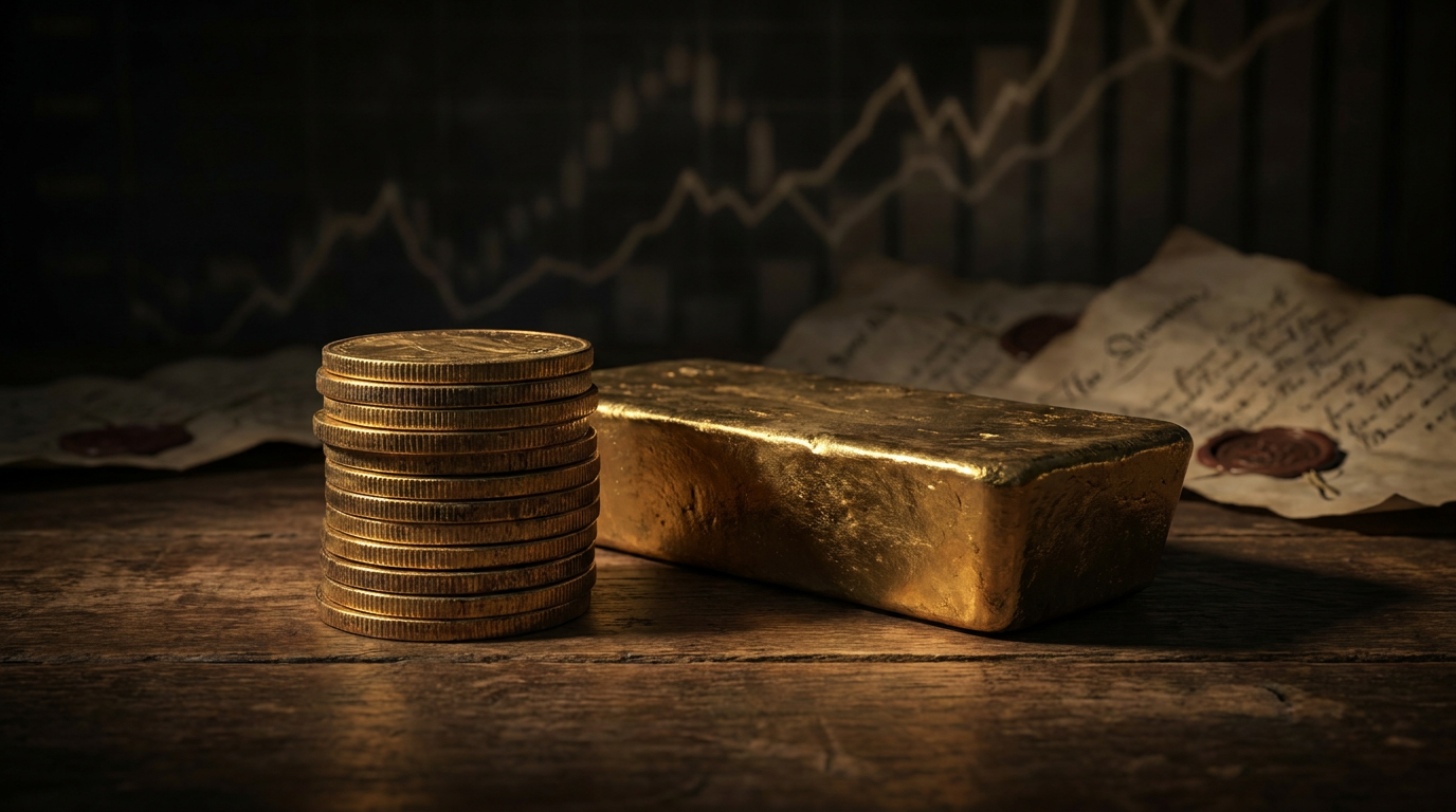 Goldmünzen und Goldbarren vor dunklem Hintergrund mit angedeuteten Finanzcharts