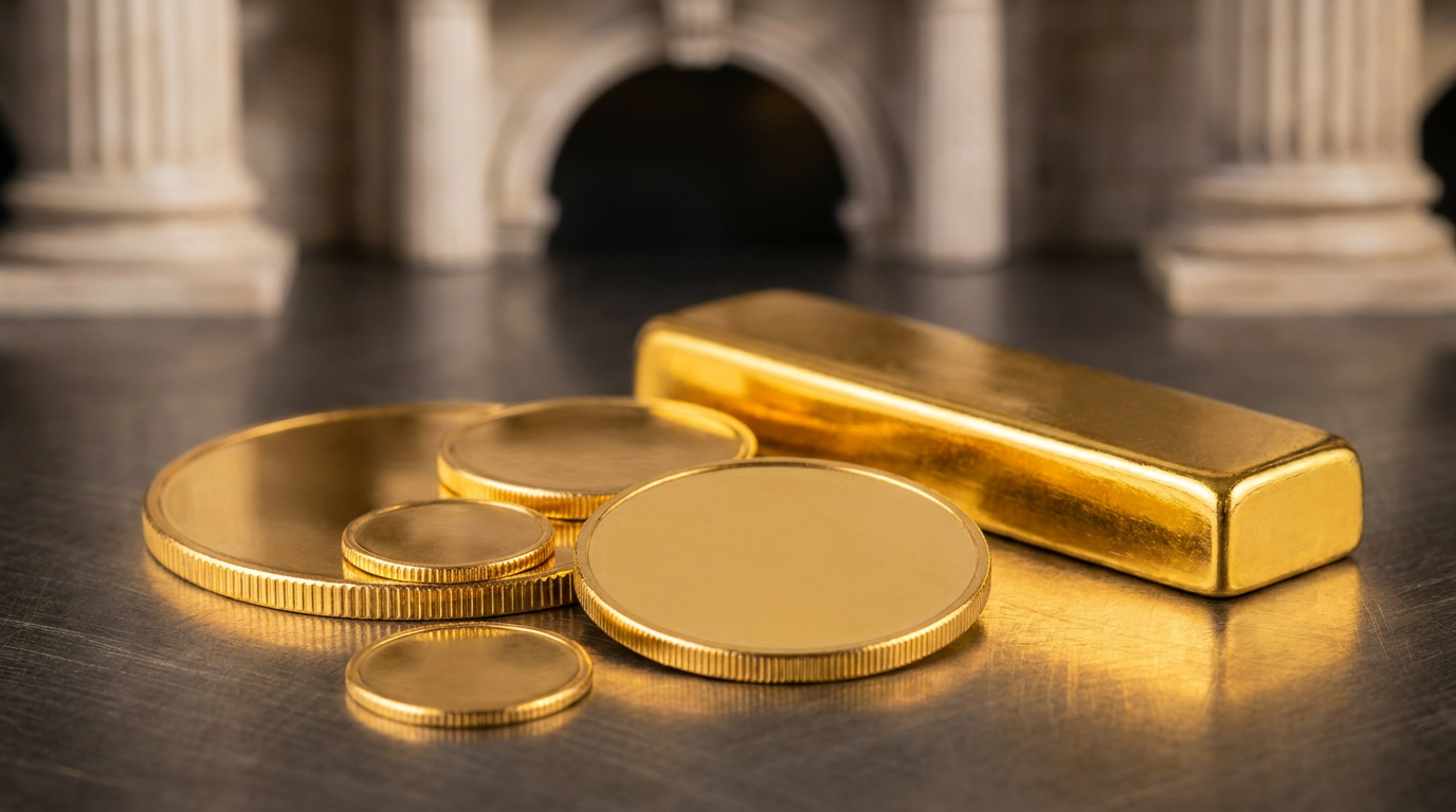 Goldmünzen und Goldbarren vor angedeuteter Zentralbank-Architektur