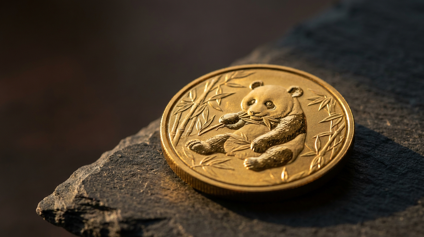 Nahaufnahme einer China-Panda-Goldmünze mit Panda-Motiv auf dunklem Schiefer