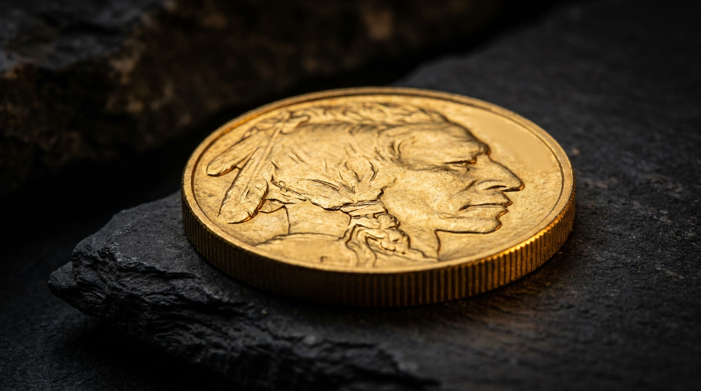 Reine Goldmünze mit Indianerkopf-Motiv in warmem Licht auf dunklem Schiefer
