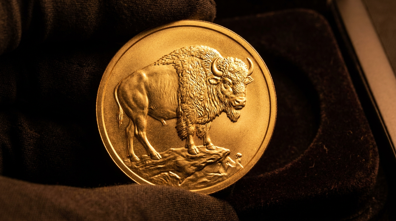 Goldmünze mit dem Motiv eines stehenden Bisons in feinem Relief