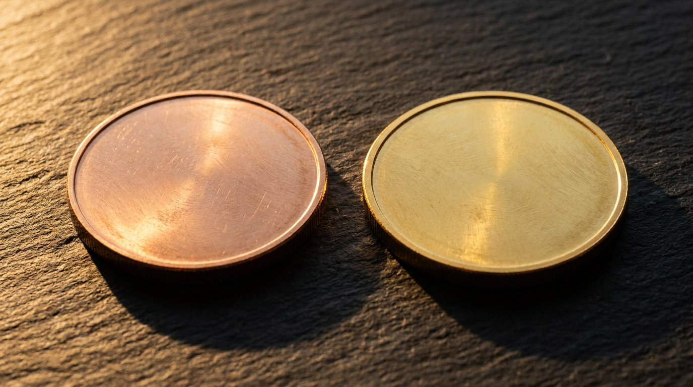 Zwei Goldmünzen nebeneinander auf dunkler Oberfläche als Sinnbild für den Vergleich 22 und 24 Karat