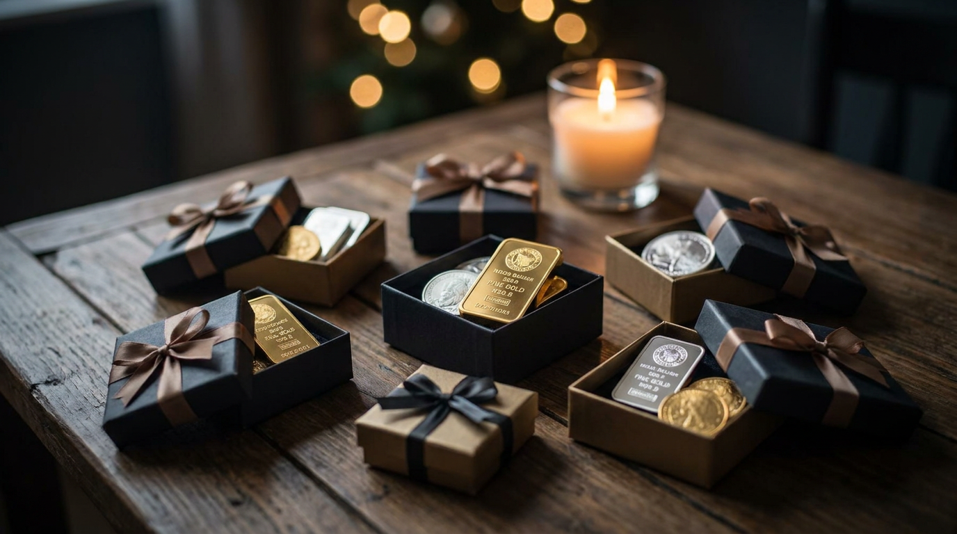 Geschenkverpackte Gold- und Silberbarren in festlicher Atmosphäre