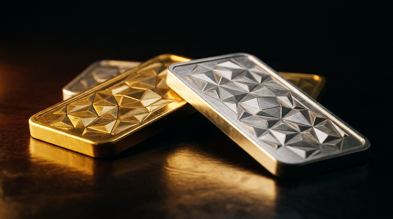 Gold- und Silberbarren mit geprägten Motiven auf dunklem Untergrund