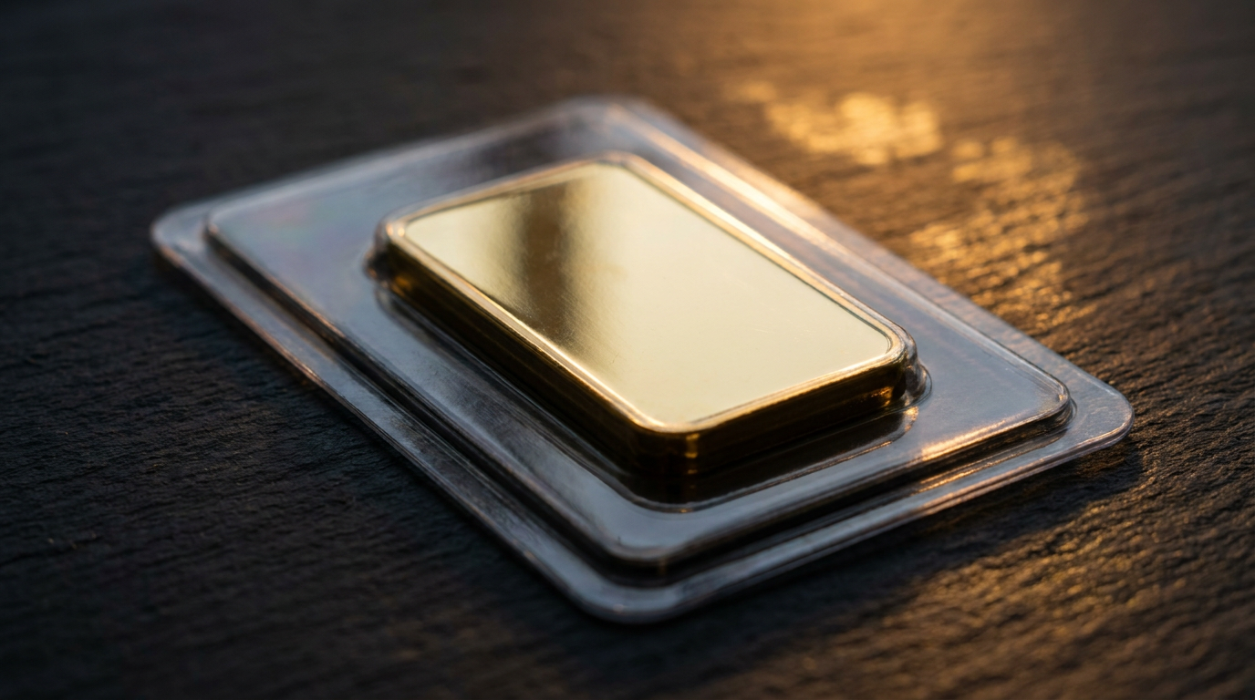 Geprägter Goldbarren in einer transparenten versiegelten Blisterkarte mit Zertifikat auf dunklem Untergrund