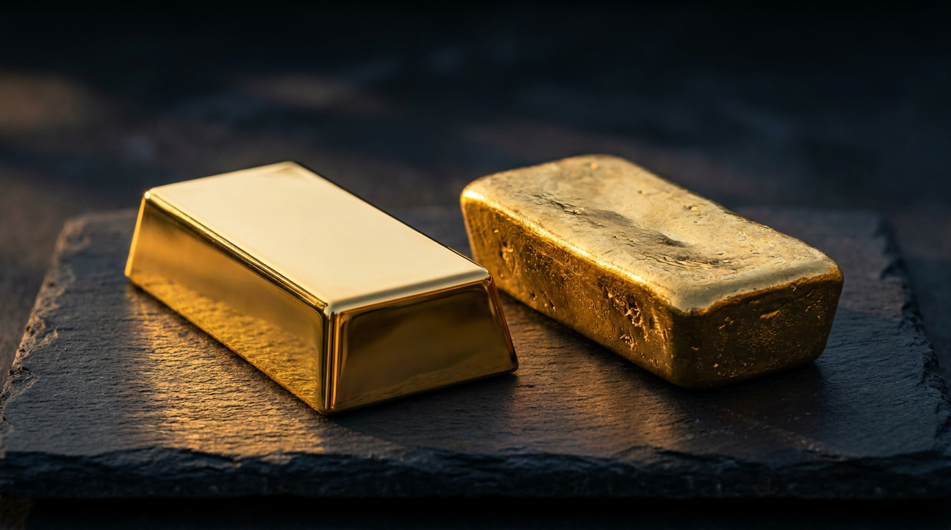Geprägter Goldbarren mit spiegelnder Oberfläche neben gegossenem Goldbarren mit rauer Struktur auf dunklem Untergrund