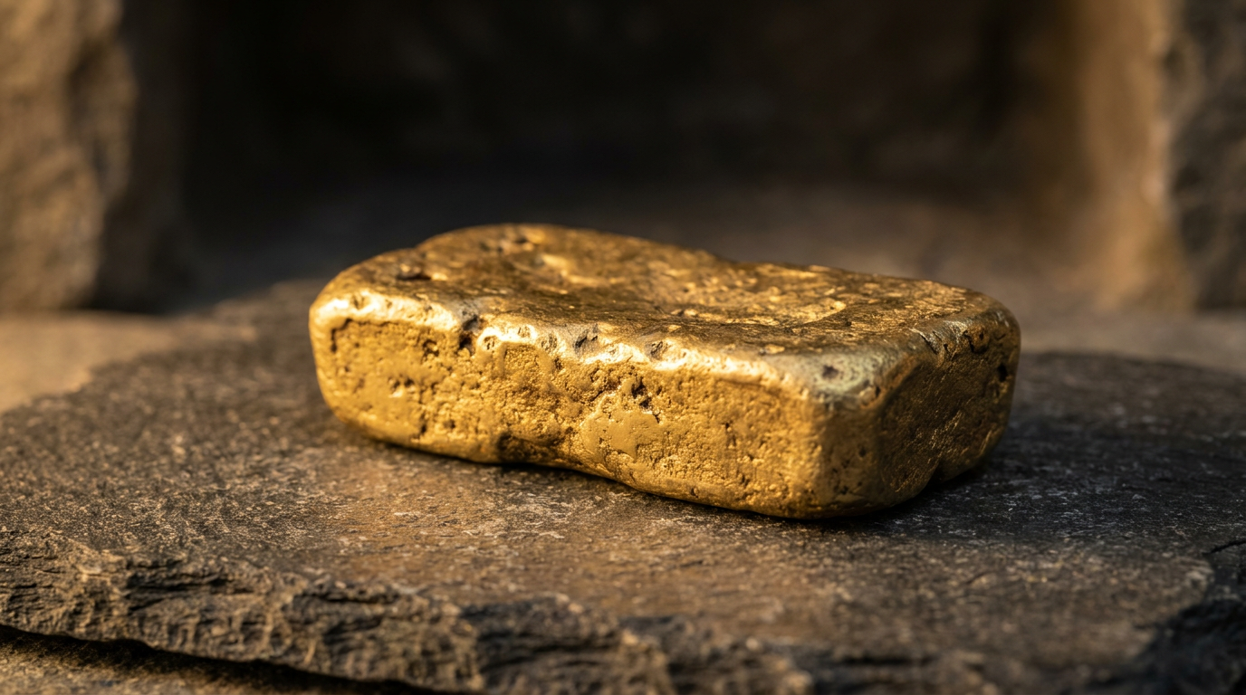 Großer gegossener Goldbarren mit rauer unregelmäßiger Oberfläche und weichen Kanten auf dunklem Stein