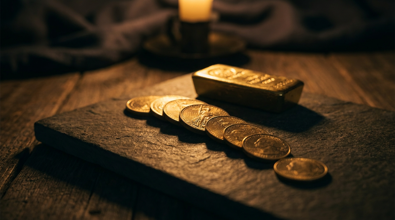 Goldmuenzen und ein Goldbarren gestaffelt aufgereiht als Symbol fuer gestaffelten Einstieg