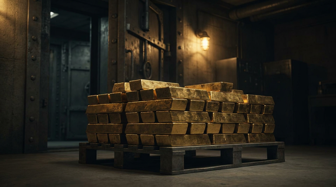 Gestapelte Goldbarren in einem dunklen Tresor als Symbol fuer Notenbankreserven