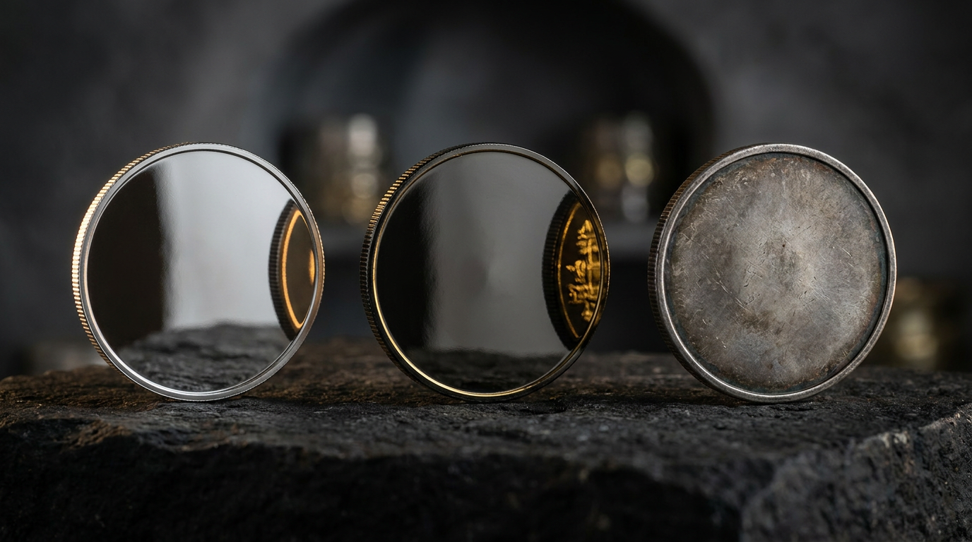 Drei Silbermünzen mit unterschiedlichen Veredelungen: Stempelglanz, Ruthenium teilvergoldet und Antik Finish
