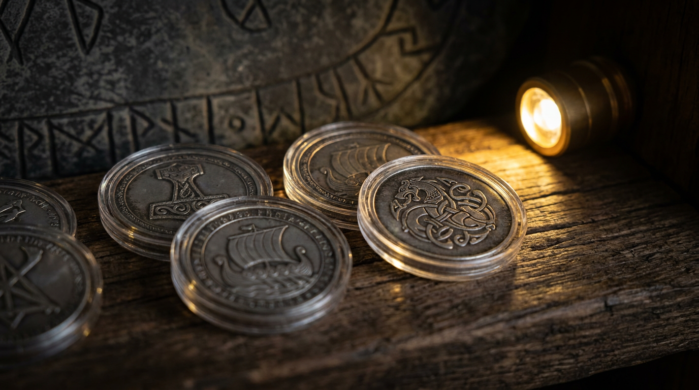 Sammlung nordischer Mythologie-Silbermünzen in Schutzkapseln vor dunklem Hintergrund