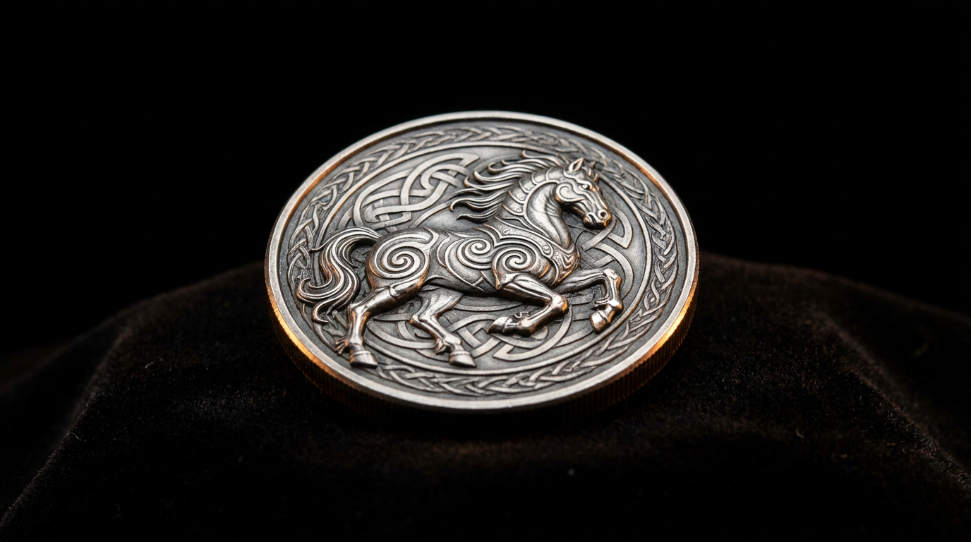 Silbermünze mit dem achtbeinigen Ross Odins Sleipnir im Galopp vor dunklem Hintergrund