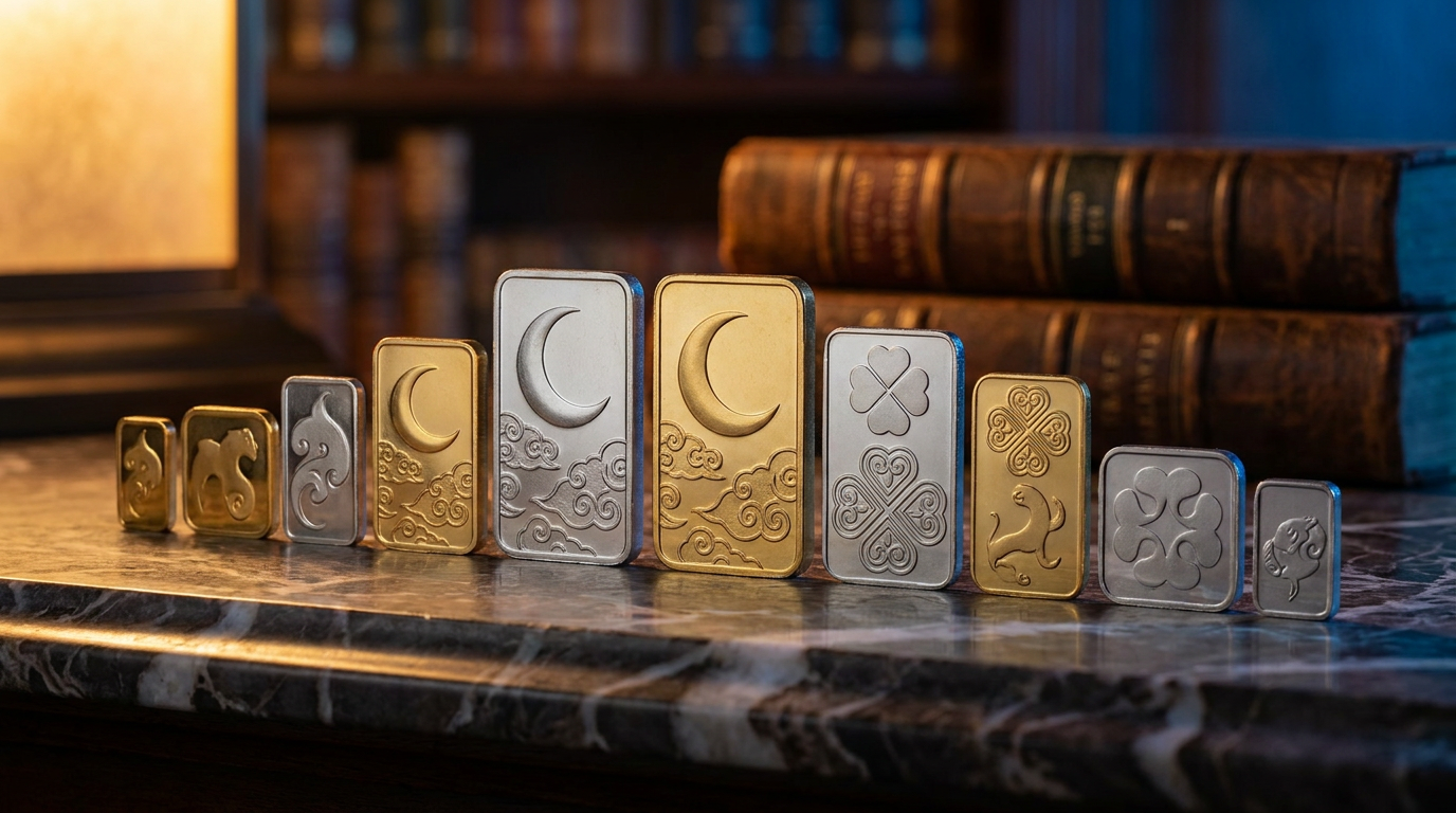 Reihe kleiner Motiv-Edelmetallbarren mit dekorativen Reliefs auf dunklem Marmor