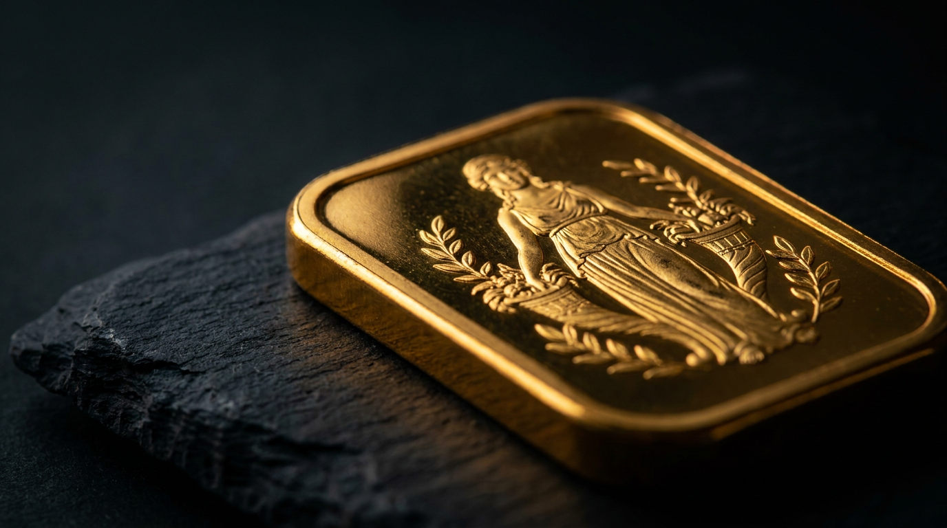 Geprägter Feingoldbarren mit klassischem Motiv auf dunklem Schiefer im warmen Goldlicht