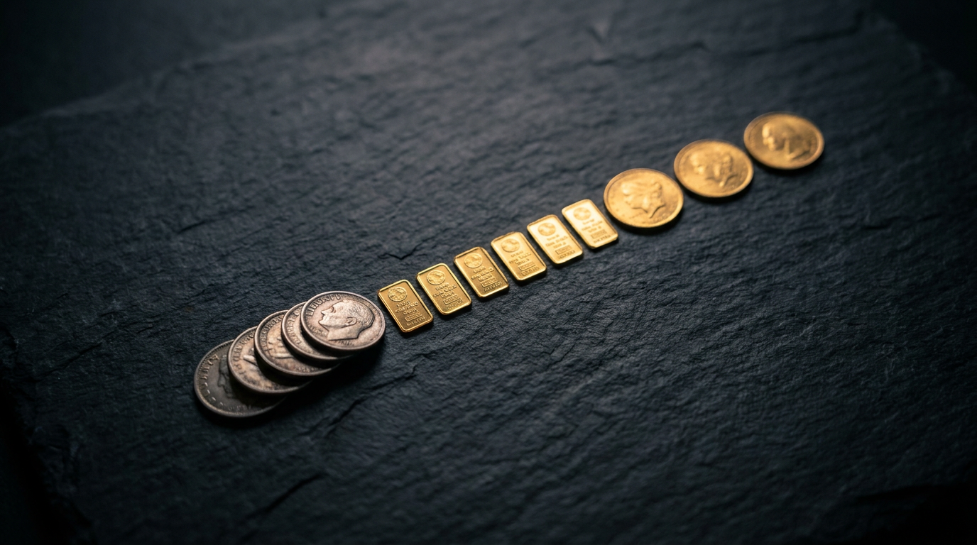 Nach Größe gestaffelte Edelmetall-Einheiten von der kleinen Silbermünze über Grammgold bis zur Goldmünze auf dunklem Stein