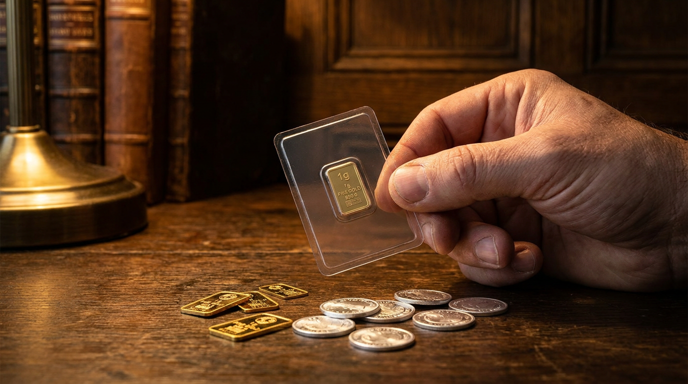 Ein einzelner 1-Gramm-Goldbarren im Blister, umgeben von kleinen Grammbarren und fraktionalen Silbermünzen