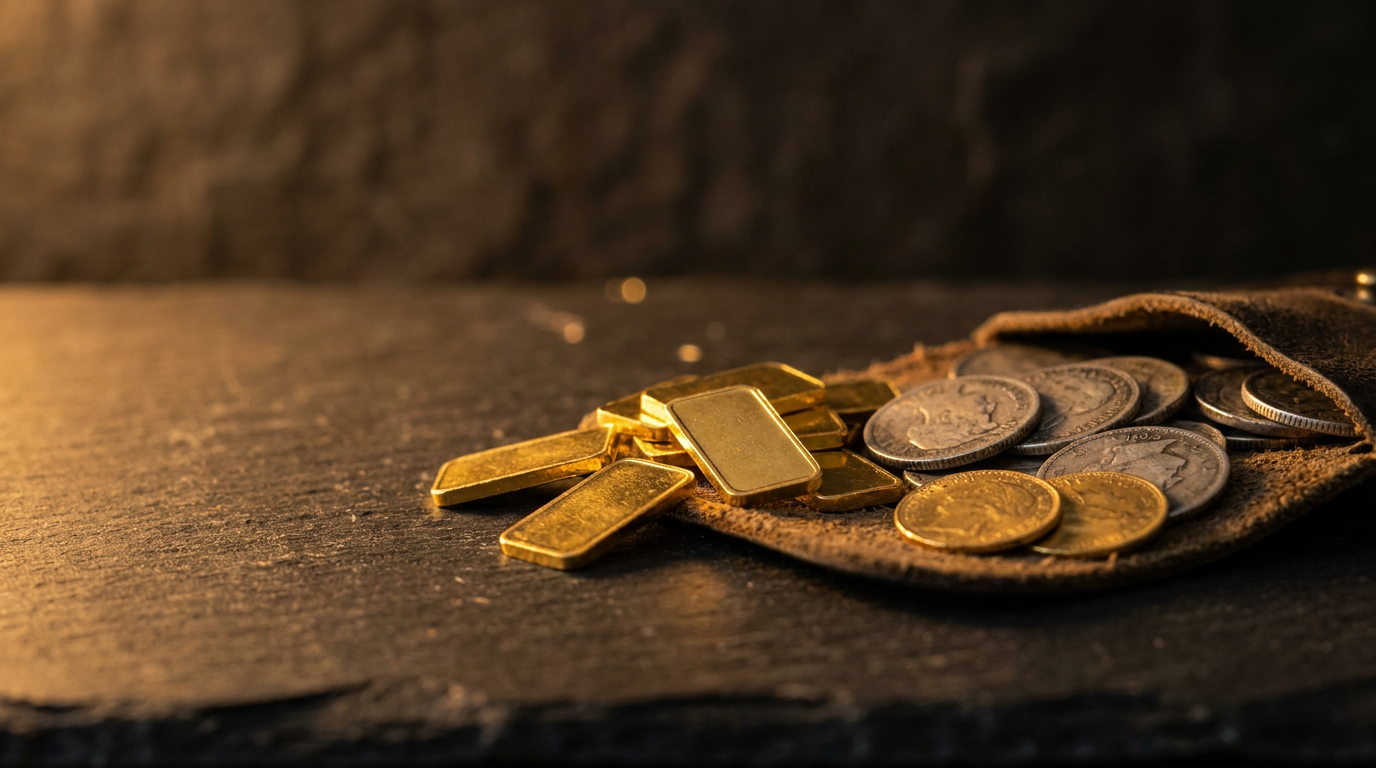 Kleine Grammbarren aus Gold neben fraktionalen Silber- und Goldmünzen auf dunklem Schiefer als Sinnbild für teilbares Notgeld
