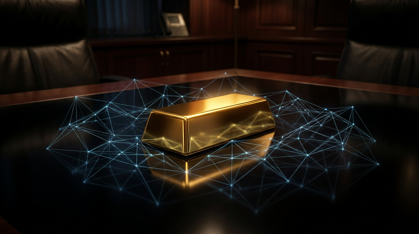 Goldbarren auf dunkler Oberfläche mit digitalem Netzwerk-Motiv als Symbol für gold-gedeckten Zahlungsverkehr