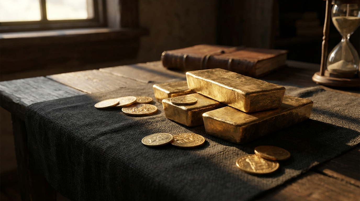 Physische Goldbarren und Goldmünzen auf dunklem Untergrund als stabiler Depot-Baustein