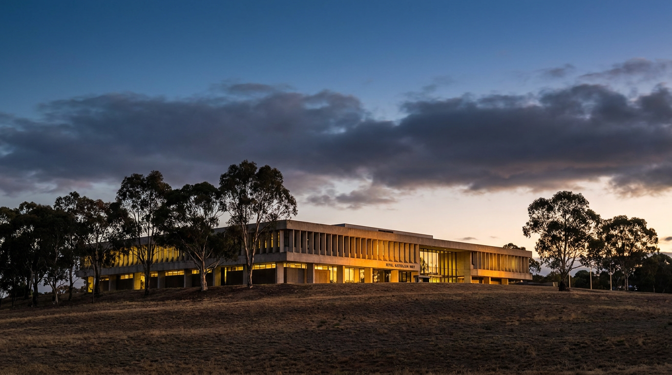 Modernistisches Gebäude einer nationalen Münzprägestätte in Canberra bei Dämmerung