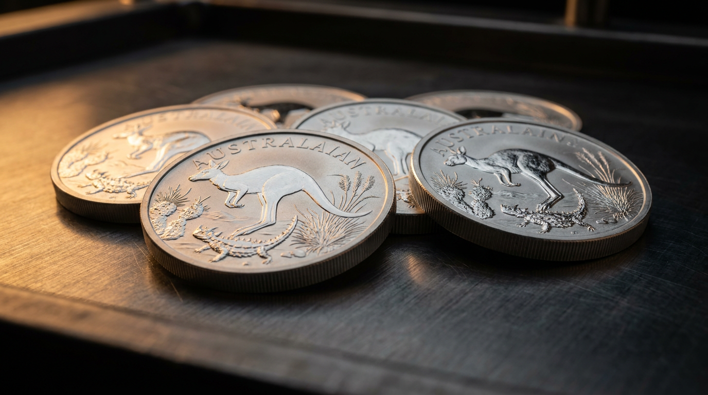 Australische Silbermünzen mit Kängurumotiv auf dunklem Metalluntergrund