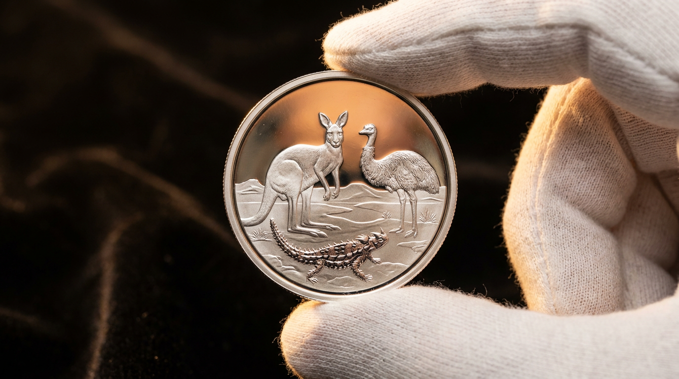 Silbermünze in Polierte-Platte-Qualität mit feiner australischer Wildtier-Gravur unter Studiolicht