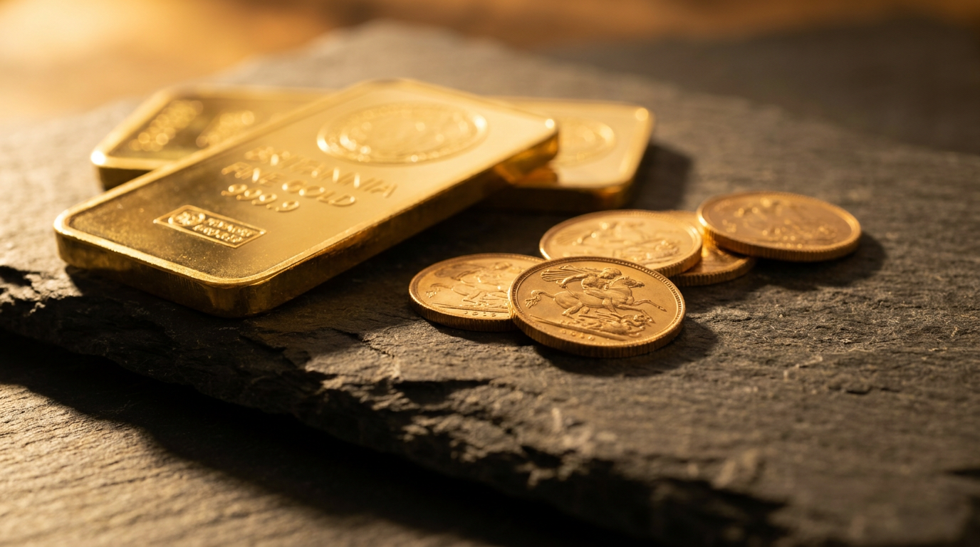 Britische Goldbarren und Sovereign-Goldmünzen in cinematischem, dunklem Licht