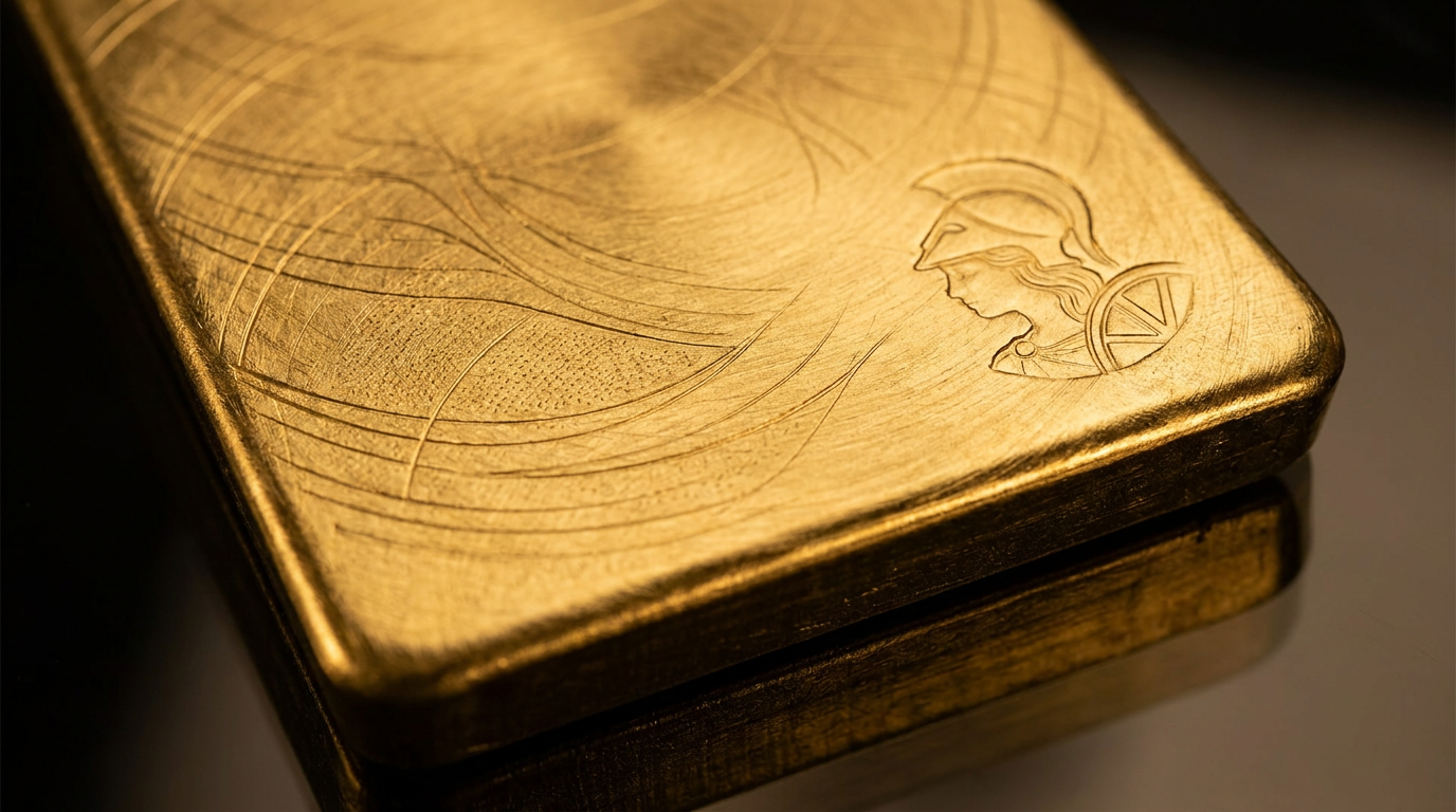 Detailaufnahme eines Goldbarrens mit fein geprägtem Sicherheitsmuster und Britannia-Motiv