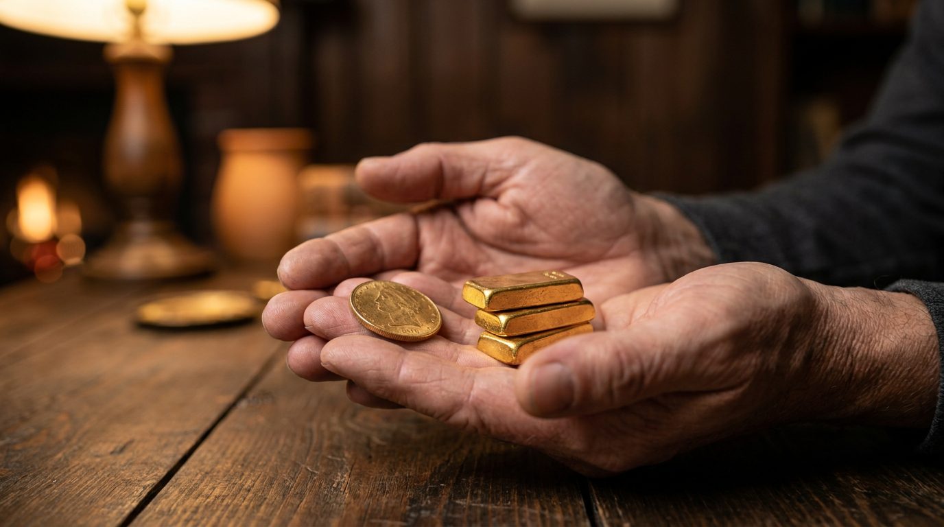 Hände halten eine Goldmünze und einen kleinen Stapel Goldbarren über einem dunklen Holztisch