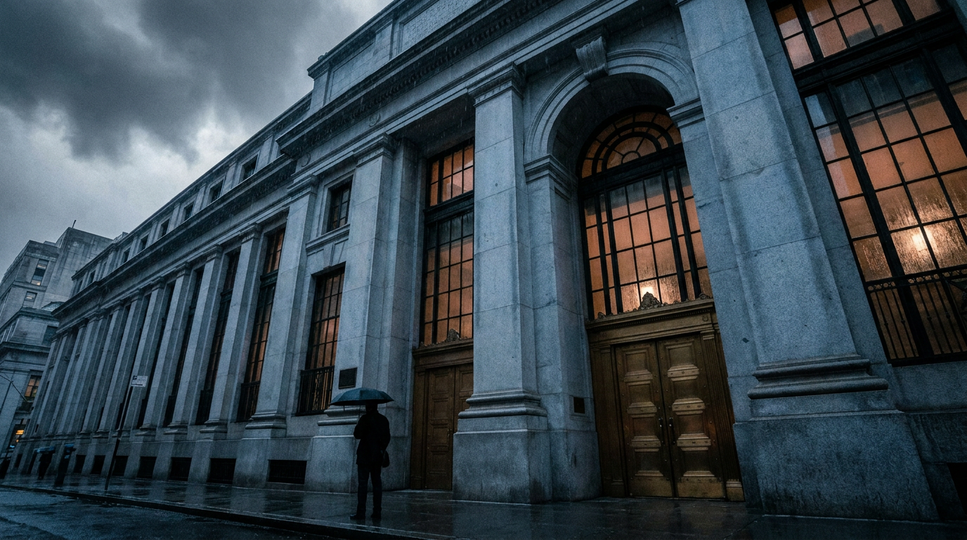 Steinerne Fassade eines klassischen Zentralbank-Gebäudes im Finanzdistrikt bei bewölktem Himmel