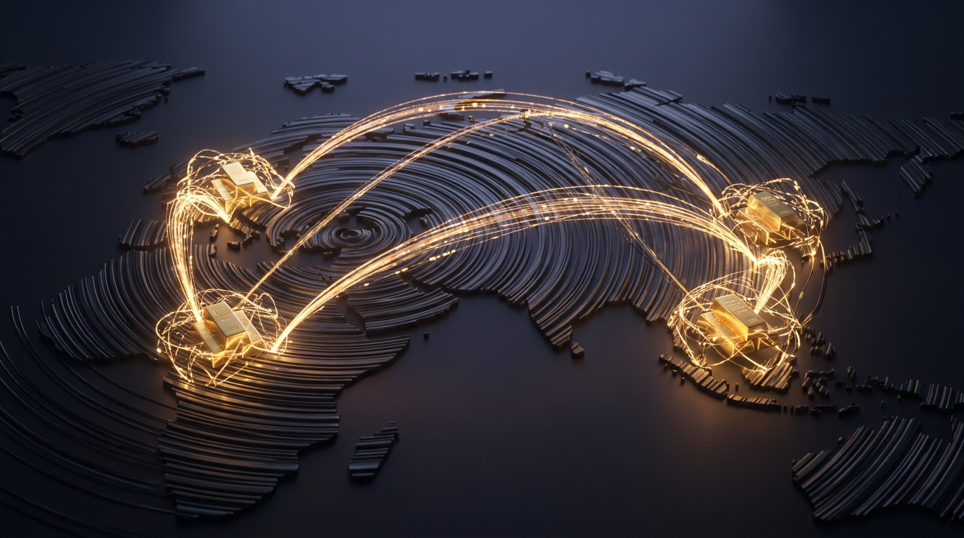 Abstrakte Visualisierung eines globalen Gold-Abwicklungsnetzwerks mit leuchtenden Knotenpunkten London, Shanghai und Hongkong