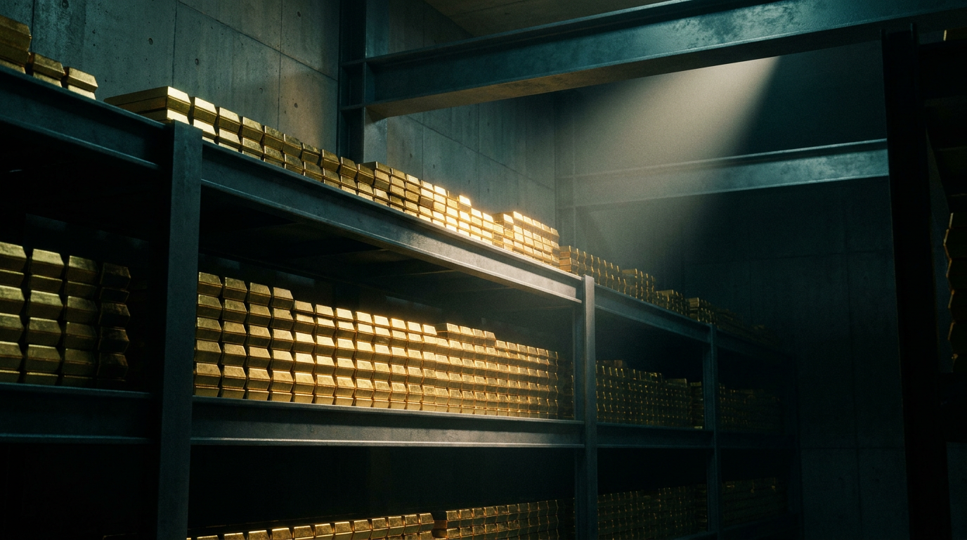 Dunkler Hochsicherheitstresor mit gestapelten Good-Delivery-Goldbarren als Sinnbild für die geplante Ausweitung der Lagerkapazität