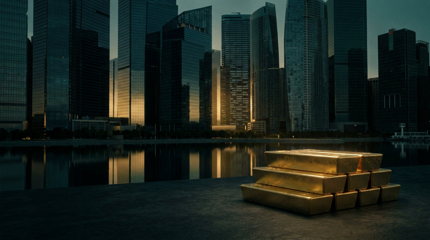 Hongkonger Skyline bei Nacht mit gestapelten Goldbarren im Vordergrund als Sinnbild für die neue Clearingstelle
