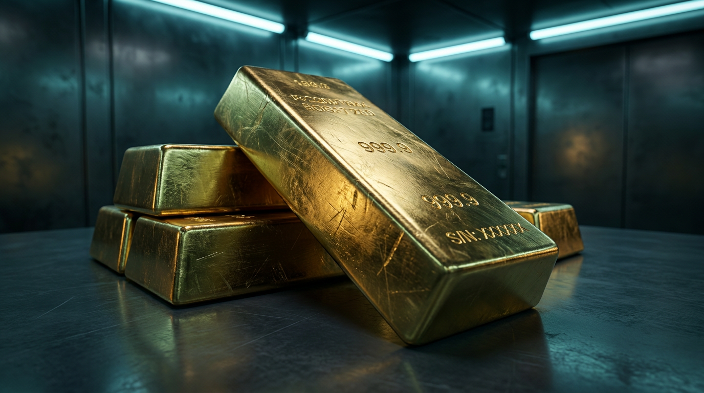 Gestapelte Goldbarren mit eingepraegter Seriennummer und Feingehalt in Tresor-Atmosphaere