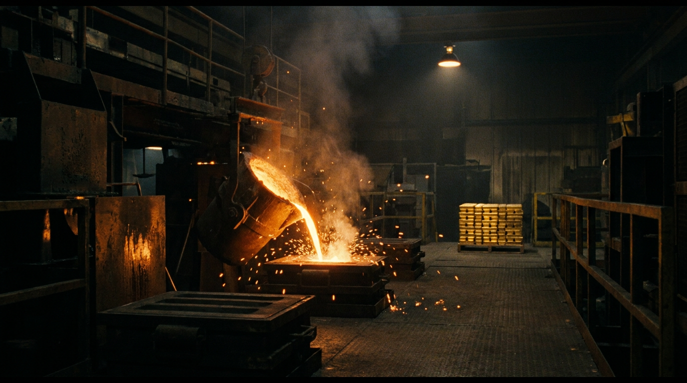 Fluessiges Gold wird in einer Raffinerie in eine Barrenform gegossen, im Hintergrund gestapelte Goldbarren