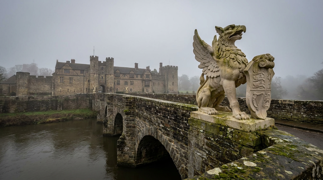 Historische Steinfiguren heraldischer Wappentiere auf einer Tudor-Palastbrücke bei diffusem Licht